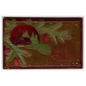 Vintage Embossed Christmas Postcard Church Pine Cones Red Green Gold